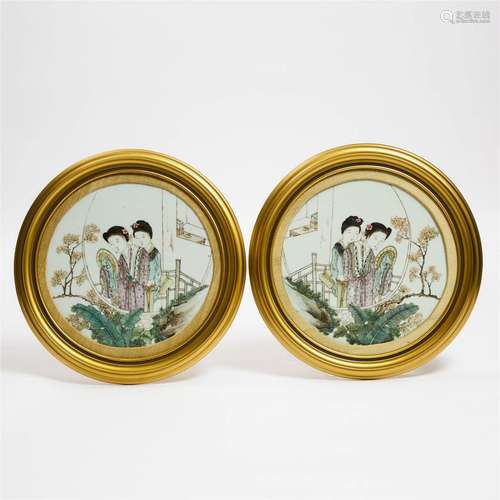 A Pair of Qianjiang Enameled 'Ladies' Porcelain Plaques, Re