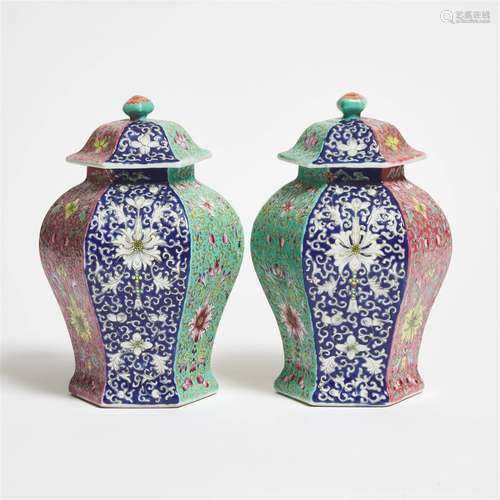 A Pair of Enameled Hexagonal Vases and Covers, Republican P