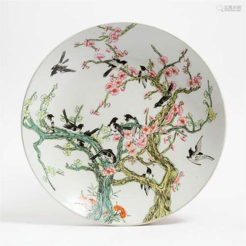 A Large Famille Rose 'Magpie and Plum Blossoms' Charger, Qi