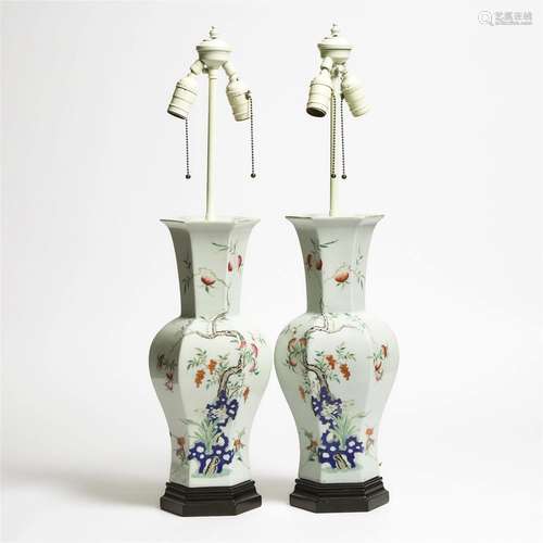 A Pair of Enameled Porcelain Hexagonal Vase Lamps, 19th/20t