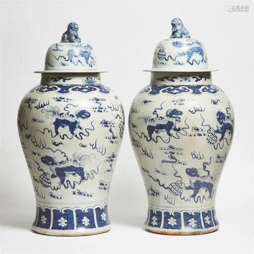 A Pair of Large Ming-Style Blue and White 'Buddhist Lion' V