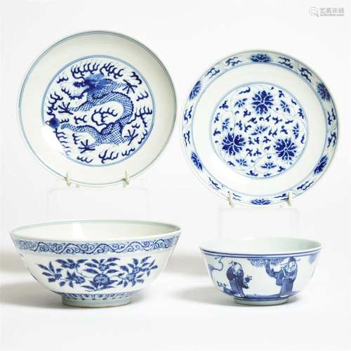 A Group of Four Blue and White Porcelain Wares, 青花一组四件...