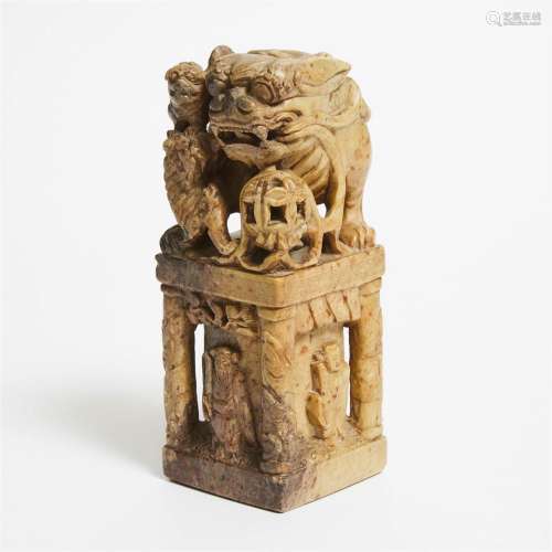 A Large Soapstone 'Buddhist Lion' Seal, Late Qing Dynasty,