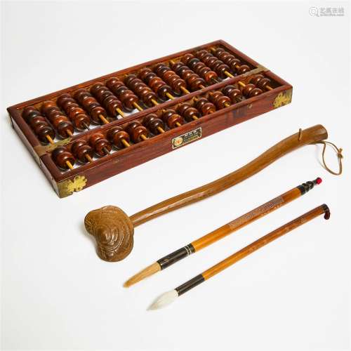 A Huanghuali Abacus, Together with a Wood Ruyi and Two Brus
