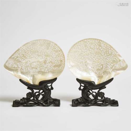 A Pair of Chinese Carved Mother-of-Pearl Shells, Mid 20th C
