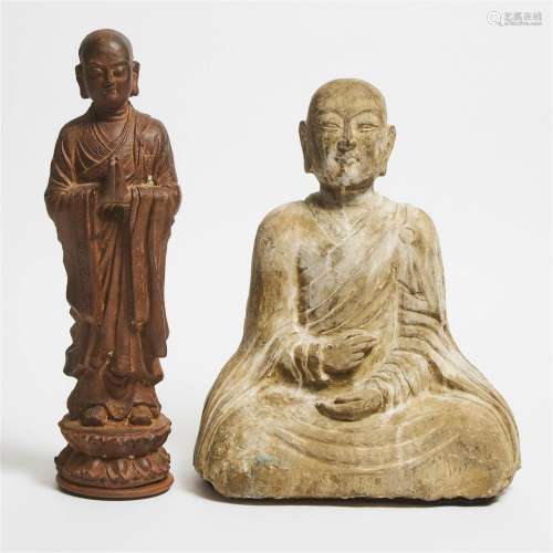 A Stone Figure of a Seated Monk, Together With an Iron Figu