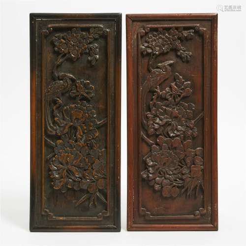 A Pair of Chinese Carved 'Phoenix and Peonies' Wood Hanging