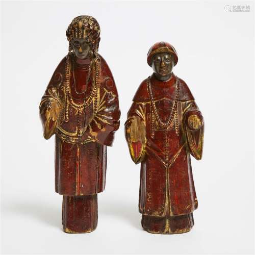 A Pair of Chinese Export Gilt and Lacquered Wood Figures, C
