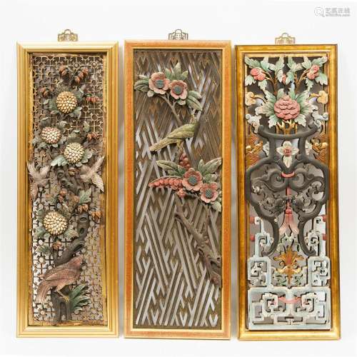 Three Gilt Polychrome Openwork 'Floral' Wood Panels, Qing D
