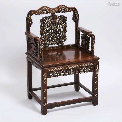 A Mother-of-Pearl Inlaid Rosewood Chair, Late Qing/Republic