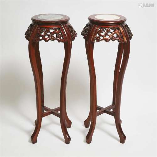A Pair of Chinese Marble-Inset Wood Stands, Mid 20th Centur