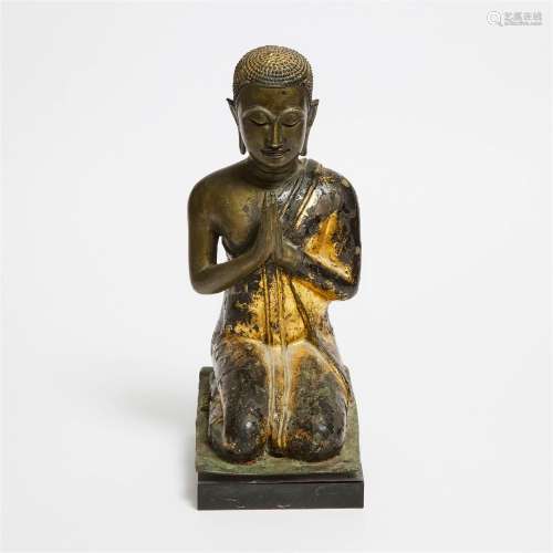 A Large Thai Gilt Lacquered Bronze Figure of a Monk, 19th C