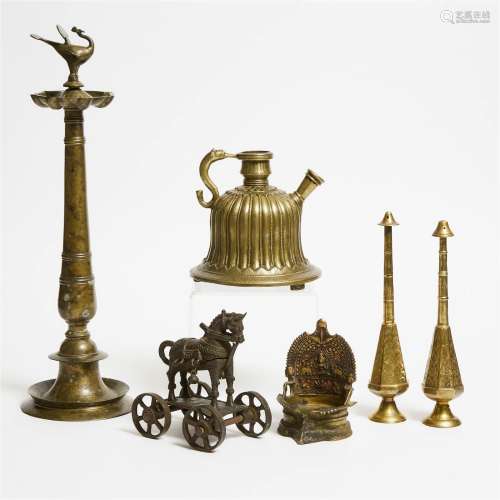 A Group of Six Indian Bronze Vessels and Objects, 19th Cent