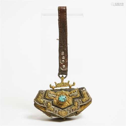 A Tibetan Silver and Gilt Bronze-Fitted Leather Flint Pouch