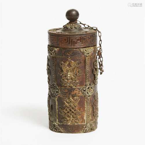 A Tibetan Cylindrical Vessel With Eight Silver 'Buddhist Em