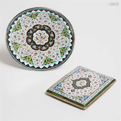 A Persian Cloisonné Enamel Card Case and Circular Dish, Sig