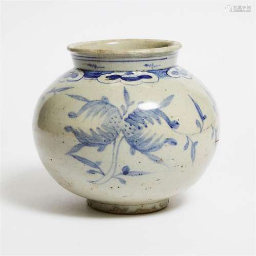 A Korean Blue and White Jar, Joseon Dynasty, 19th Century,