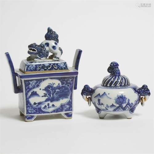 Two Blue and White Incense Burners and Covers, 18th/19th Ce