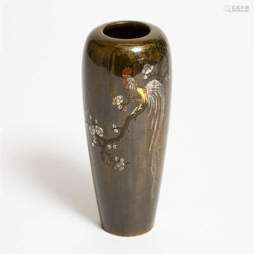 A Japanese Mixed-Metal Inlaid 'Rooster' Vase, Nogawa Mark,