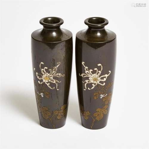 A Pair of Japanese Mixed-Metal Inlaid Bronze Vases, Meiji P