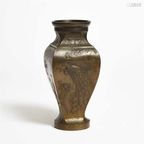 A Bronze Square-Form 'Peacock, Pheasant, and Crane' Vase, M