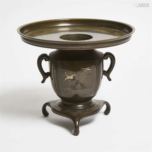 A Silver-Inlaid Bronze Ikebana/Ikenobo Vase, Meiji Period (