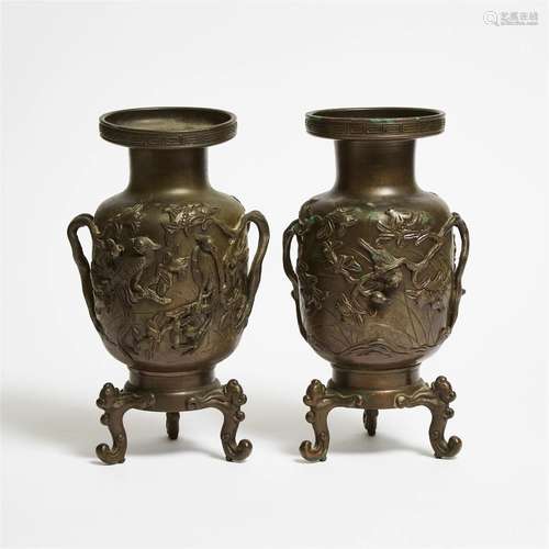 A Pair of Japanese Bronze 'Birds and Flowers' Vases, Meiji