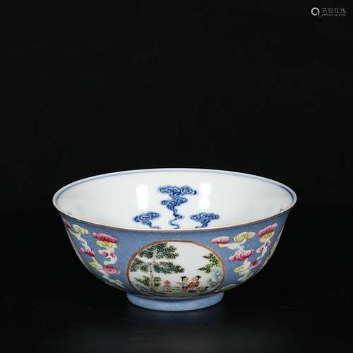 Blue and white famille rose bowl with window and character s...