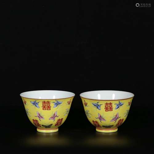 Pair of Butterfly Cups in Pastel Yellow Ground