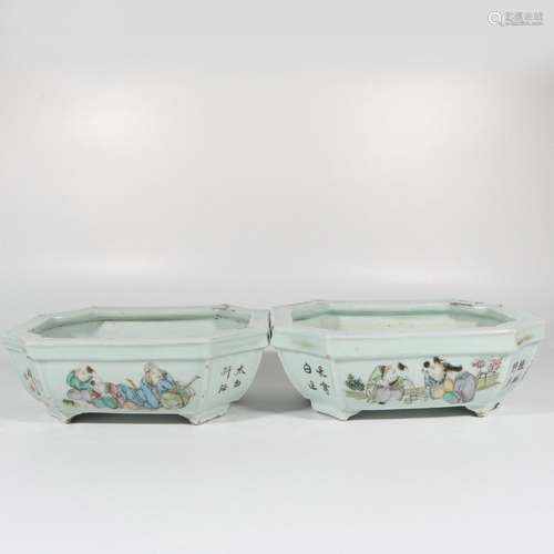 A Pair of Pan Zhaotang Light Crimson Color Basins with Figur...