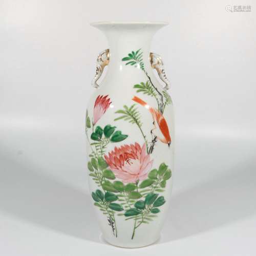 Light crimson flower and bird double elephant ear bottle