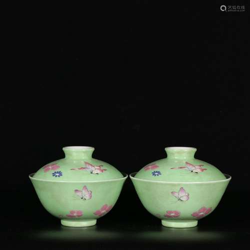 A Pair of Covered Bowls with Pastel Butterfly and Flower Pat...