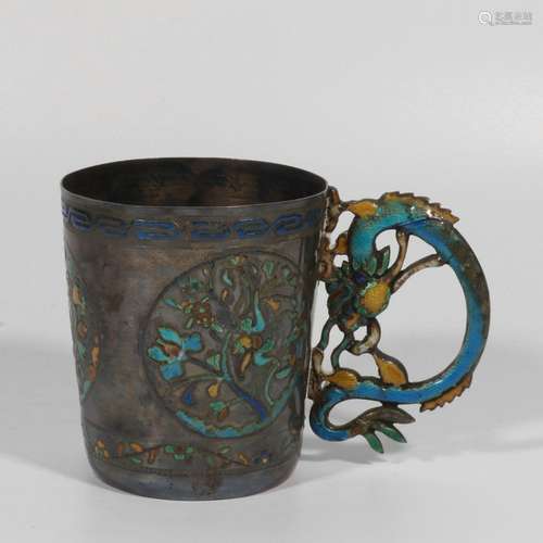 Cloisonne Flower and Bird Dragon Handle Cup