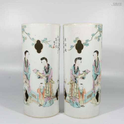 Pair of Zhang Yishun pastel figure hat cylinders