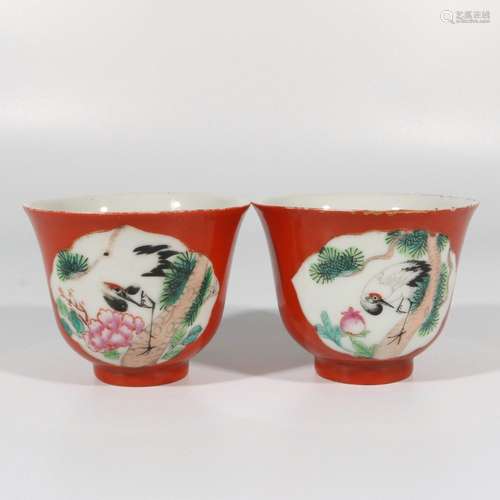 Pair of Coral Red Consecrated Crane Cups