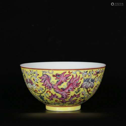 Bowl with lotus and phoenix patterns on pastel yellow ground