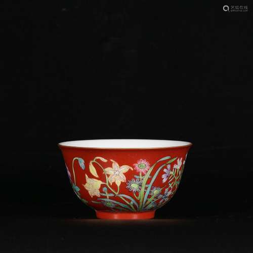 Pastel Coral Red Ground Floral Cup