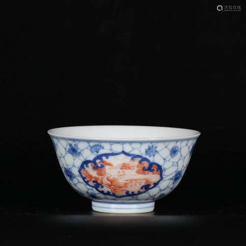 Small bowl with blue and white window vanadium red landscape...