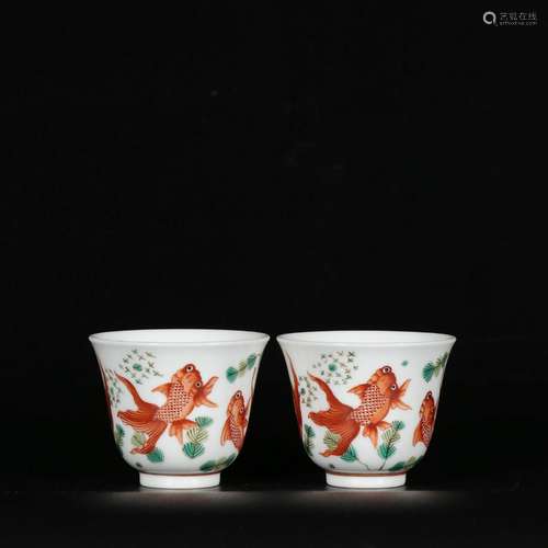 A pair of vanadium red goldfish cups