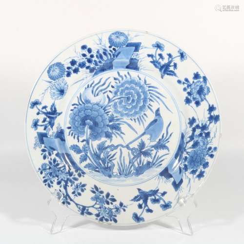 blue and white flower and bird plate