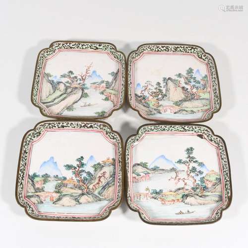 Four cloisonné landscape square plates