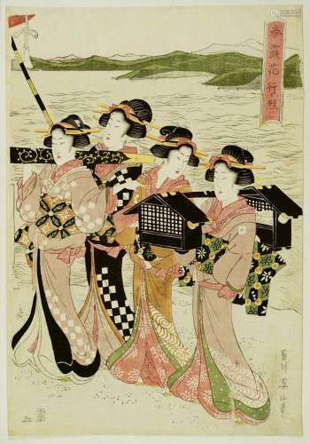 Kikugawa Eizan (1787-1867)
Pentaptyque, oban tate-e, Ha
