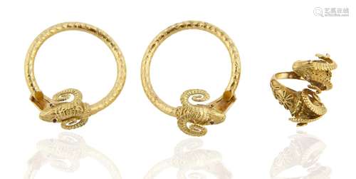 3-PIECE GOLD "RAM'S HEAD" RING AND EARRINGS SET