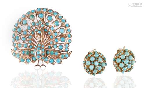 14 K GOLD AND TURQUOISE CLIP-ON EARRINGS AND BROOCH