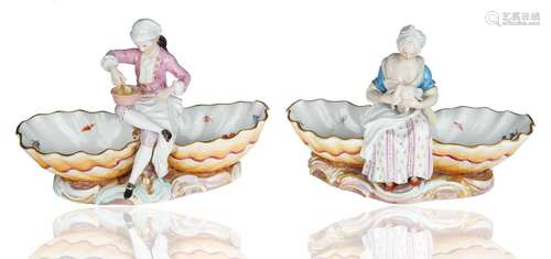 PAIR OF MEISSEN PORCELAIN FIGURAL SWEETMEAT DISHES, LATE 19T...