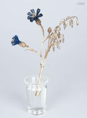 FABERGE-STYLE GOLD AND ENAMEL CORNFLOWERS AND OAT STEMS STUD...