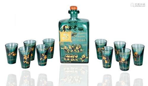 ENAMELED GLASS VODKA SET, MALTSOV GLASSWORKS, DESIGNED BY EL...