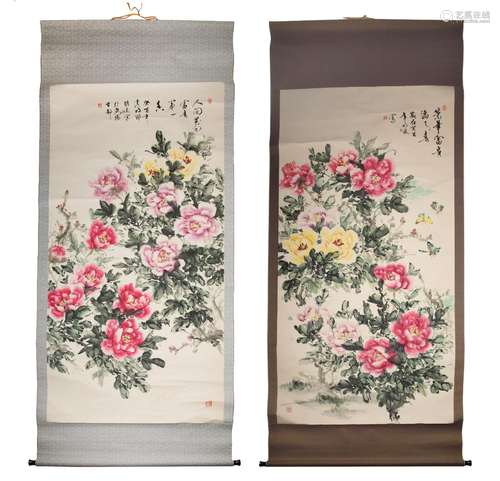 PAIR OF CHINESE SCHOOL 'FLOWERS' HANGING SCROLLS