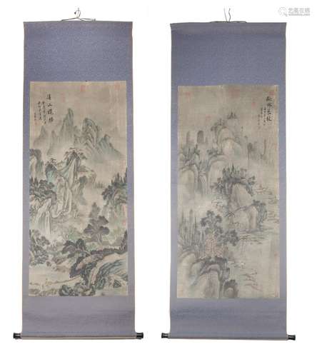 PAIR OF CHINESE SCHOOL LANDSCAPE HANGING SCROLLS