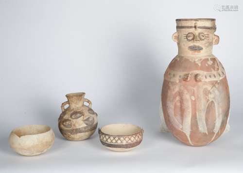 INCA POTTERY VESSEL, TWO BOWLS AND A PITCHER